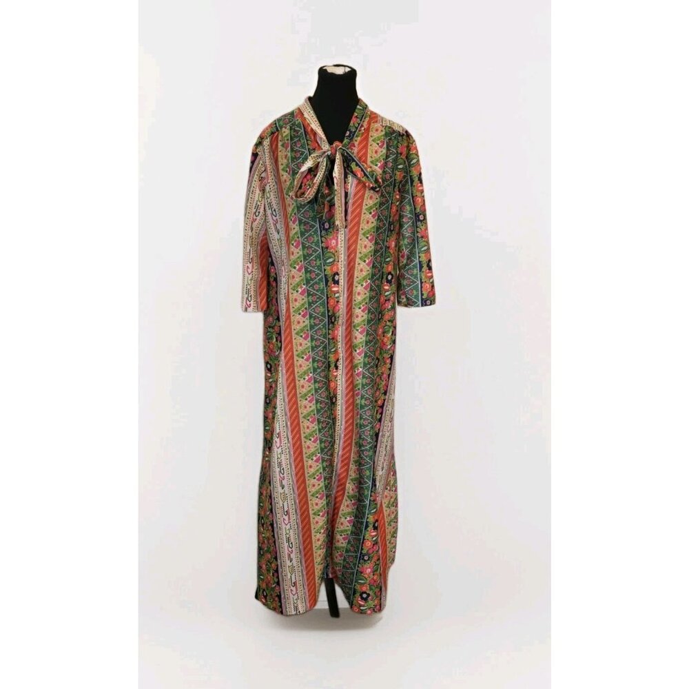 VTG Maxi Dress 70s 60s FlowerPower‎ Multicolor Pattern Lounge Coat House Dress L